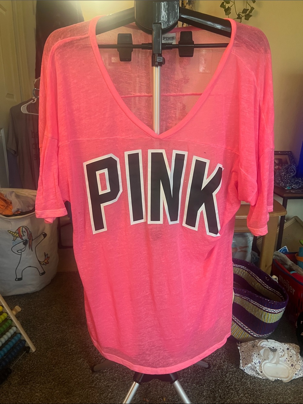 PINK Victoria's Secret Sheer Neon Pink V‑Neck Graphic Tee